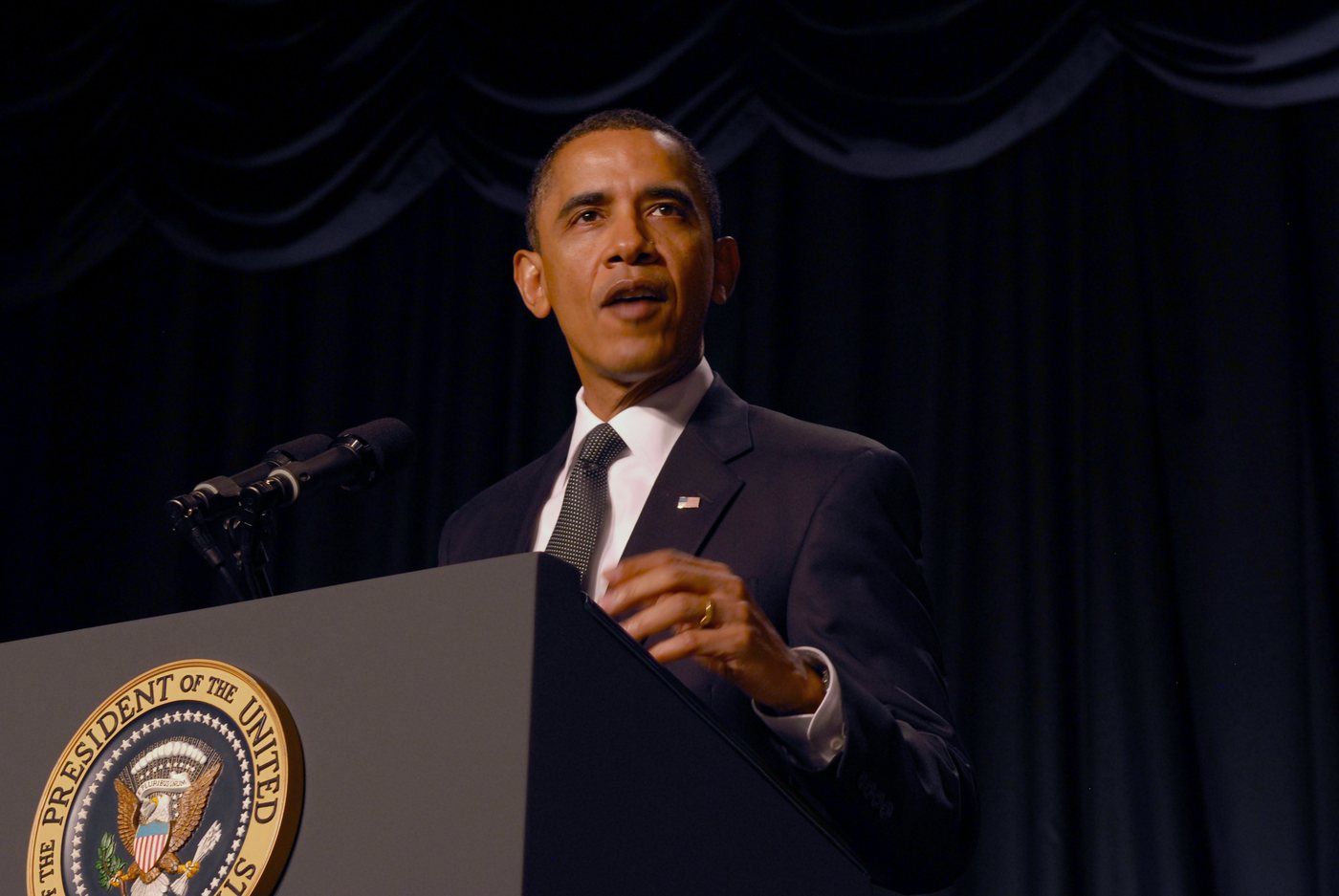 President Barack Obama speaking at the Prayer Breakfast lectern